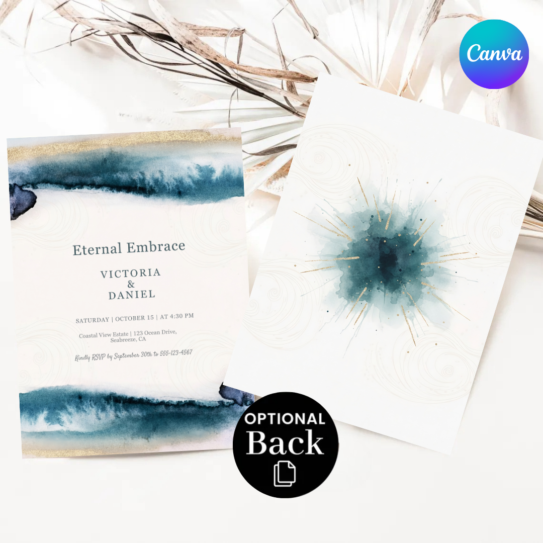 Ocean Wedding Invitation Template | Editable Blue Gold Watercolor Invite | Modern Coastal Beach Wedding | Printable Canva Evite | Instant Download