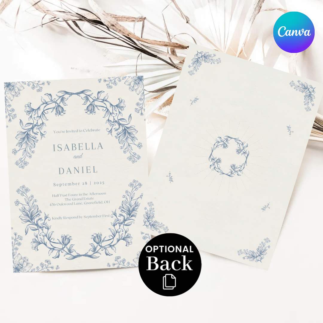Vintage Floral Wedding Invitation Template | Dusty Blue Botanical Invite | Editable Classic Wedding Stationery | Printable & Digital | Canva