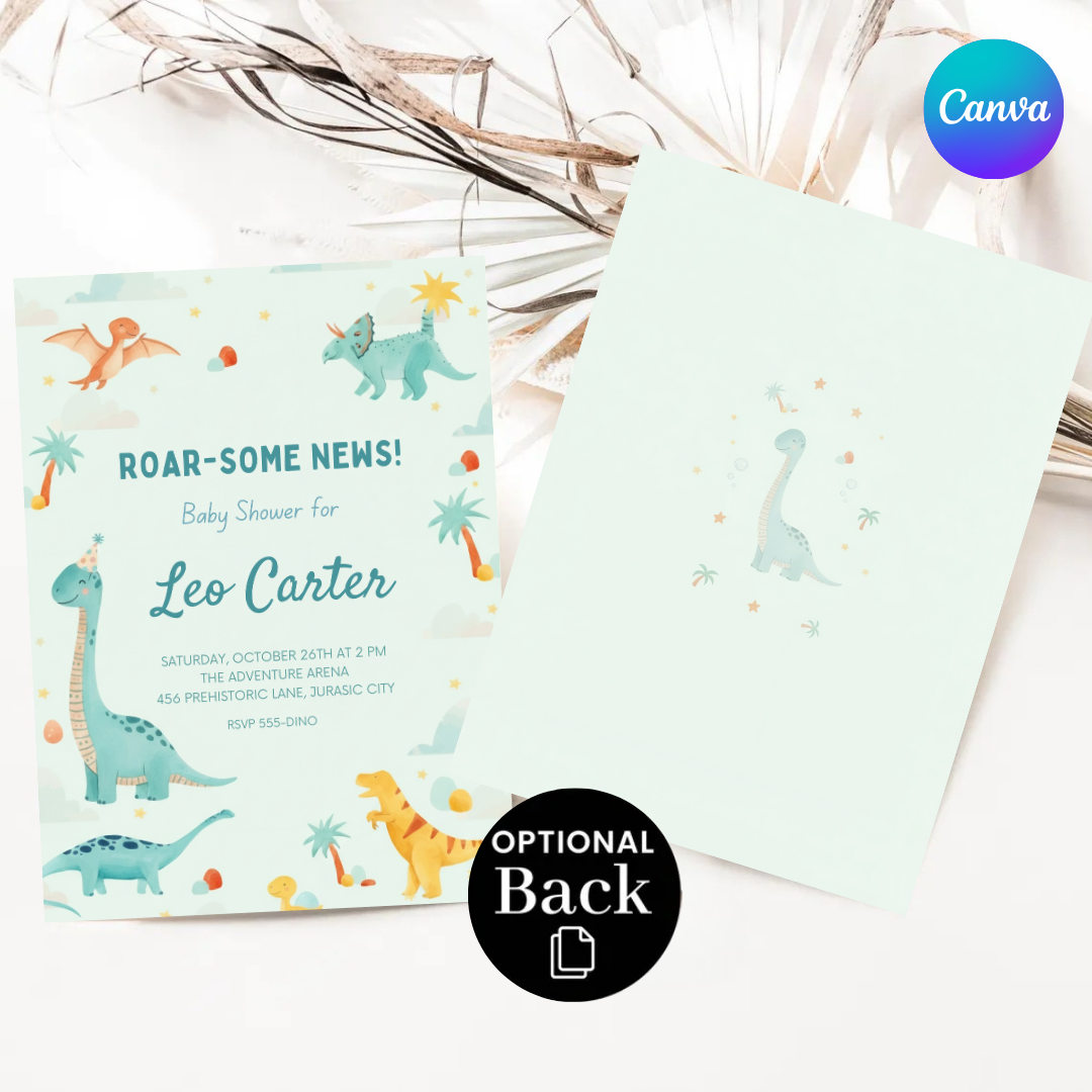 Dinosaur Baby Shower Invitation for Boy | Editable Roar Some News Invite | Watercolor Dino Template | Printable & Digital | Instant Download