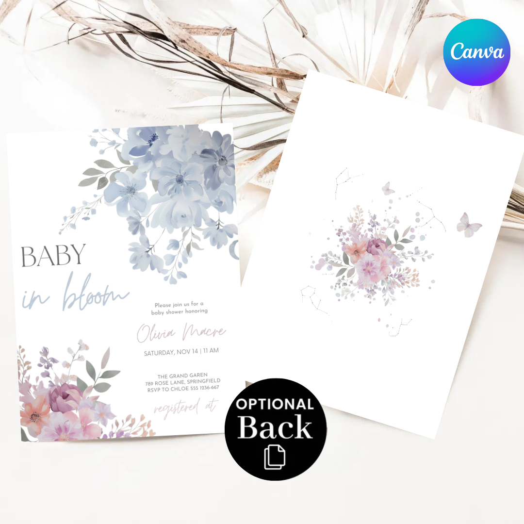 Baby in Bloom Baby Shower Invitation | Editable Celestial Floral Invite Template | Butterfly Boy or Girl Shower | Printable Digital Download
