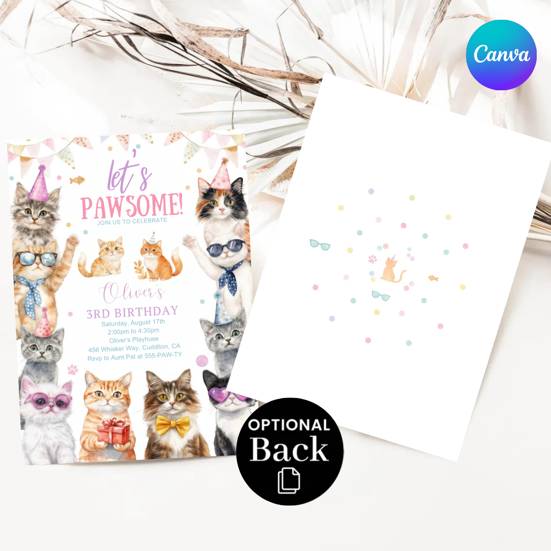 Cat Birthday Invitation Template | Pawsome Kitten Party Invite for Boy or Girl | Editable Canva Evite | Kids Pet Theme | Instant Download