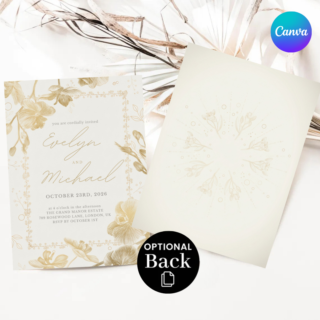 Elegant Orchid Wedding Invitation Template | Gold Floral Invite | Editable Minimalist Script Stationery | Printable Digital Evite | Instant Download