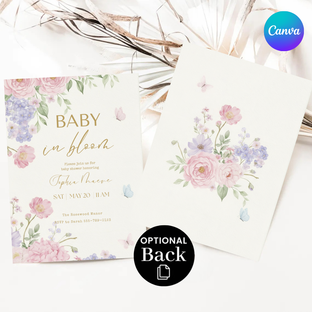 Baby in Bloom Baby Shower Invitation Girl | Editable Floral Butterfly Invite | Watercolor Garden Party Template | Printable & Digital Download