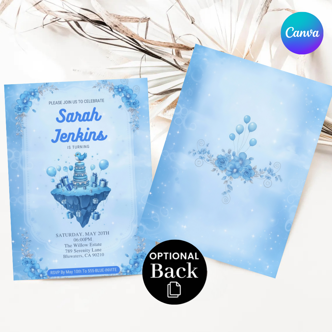 Blue Bird Birthday Invitation Template | Girl's Magical Sky Party Invite | Whimsical Blue Floral Editable Evite | Instant Download Printable