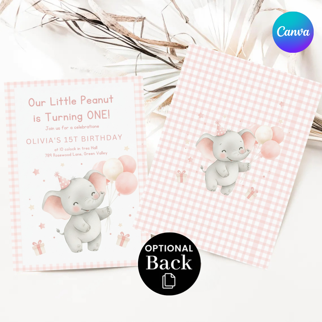 Elephant First Birthday Invitation Girl | Little Peanut is ONE Invite Template | Editable Pink Gingham Party | Printable Digital Evite