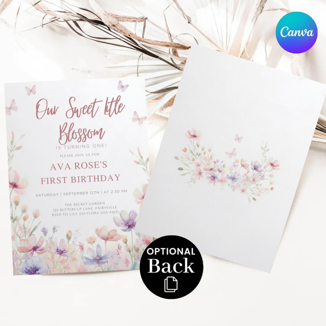 Girl's First Birthday Invitation | Editable Wildflower Garden Party Invite | Our Sweet Blossom Theme | Printable Template | Instant Download