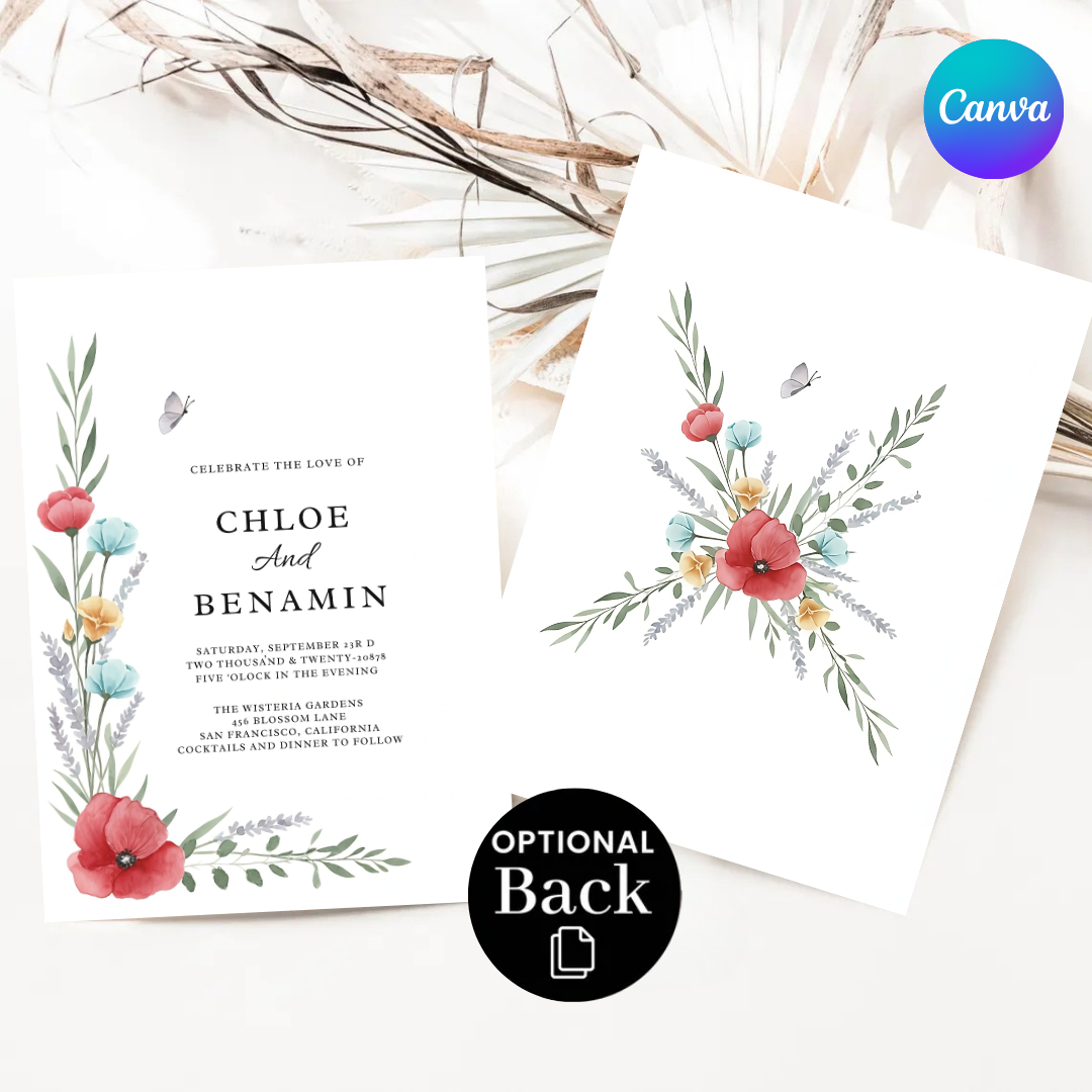 Editable Wedding Invitation Template | Watercolor Floral Invite | Garden Party Wedding | Printable Poppy & Lavender | Instant Download | Chloe