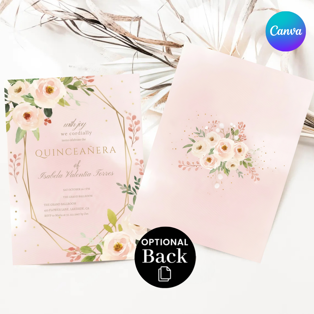 Editable Quinceañera Invitation Template | Blush Pink Floral Invite For Her | Gold Geometric Mis Quince Años | Printable 15th Birthday | Digital