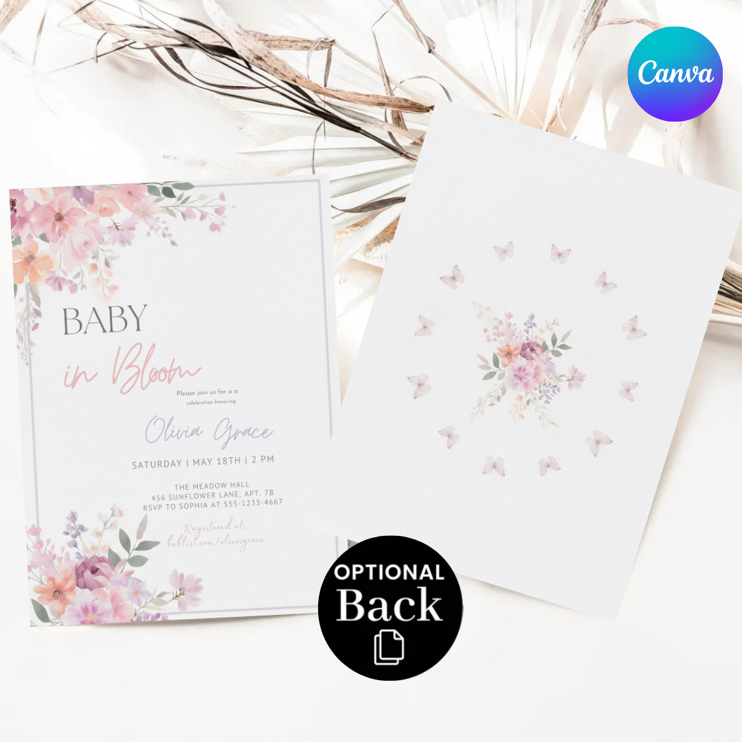 Baby in Bloom Baby Shower Invitation | Girl Baby Shower Invite | Editable Floral Butterfly Template | Printable Garden Party | Instant Download