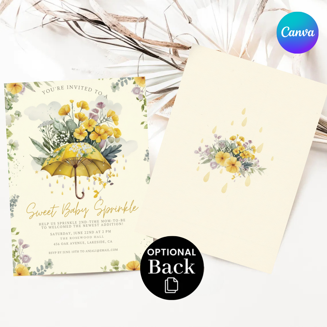 Baby Sprinkle Invitation Template | Yellow Umbrella Floral Invite | Editable Sprinkle for Boy or Girl | Watercolor 2nd Baby Shower | Printable