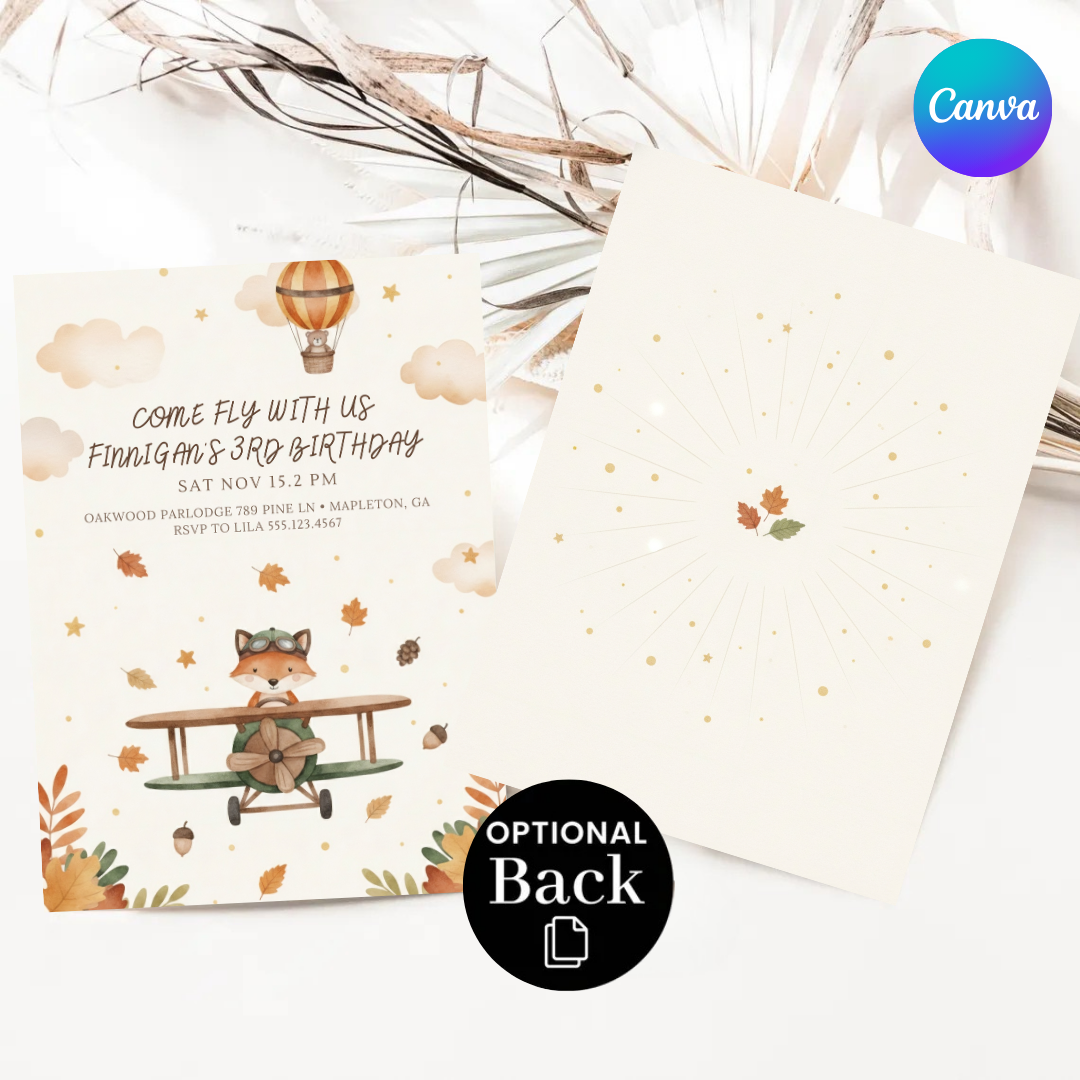 Boy's 3rd Birthday Invitation | Editable Fox Airplane Party Invite | Come Fly With Us Template | Autumn Woodland Theme | Digital & Printable