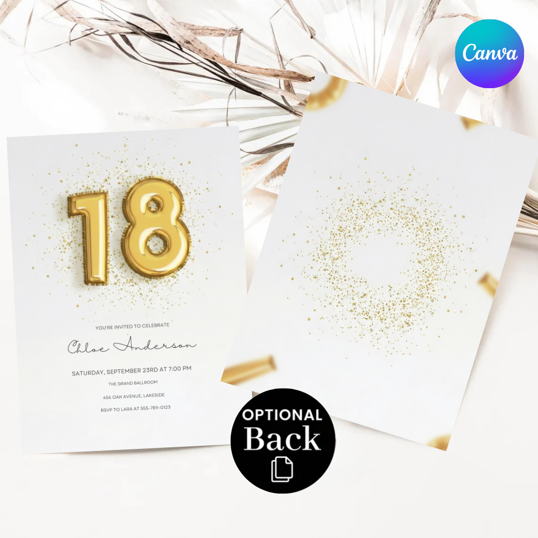 18th Birthday Invitation Template | Gold Balloon Invite for Her | Editable Elegant Party Evite | Modern Glam Birthday | Instant Digital Download