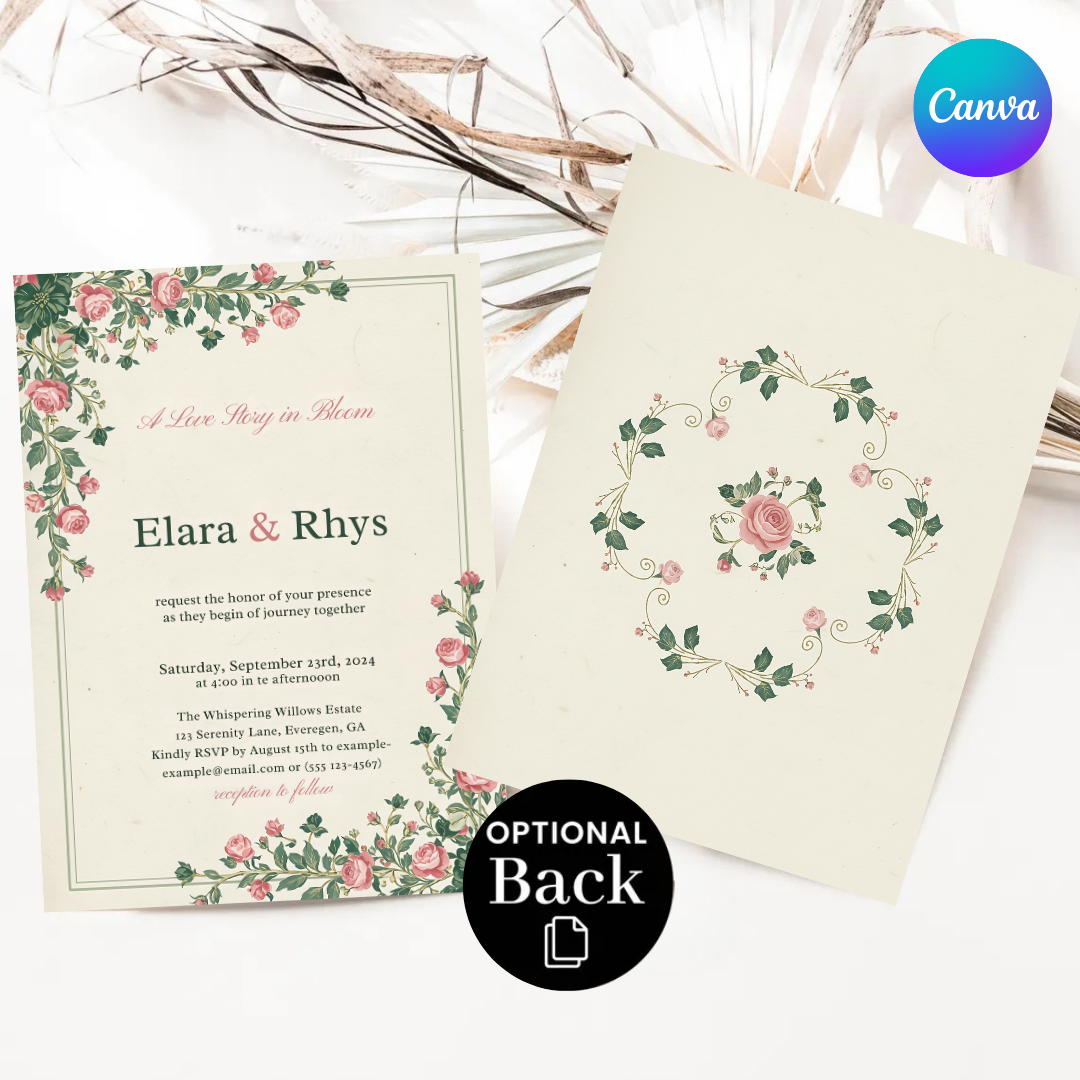 Romantic Floral Wedding Invitation Template | Editable Pink Roses Invite | Garden Wedding Printable | Vintage Evite | Instant Digital Download
