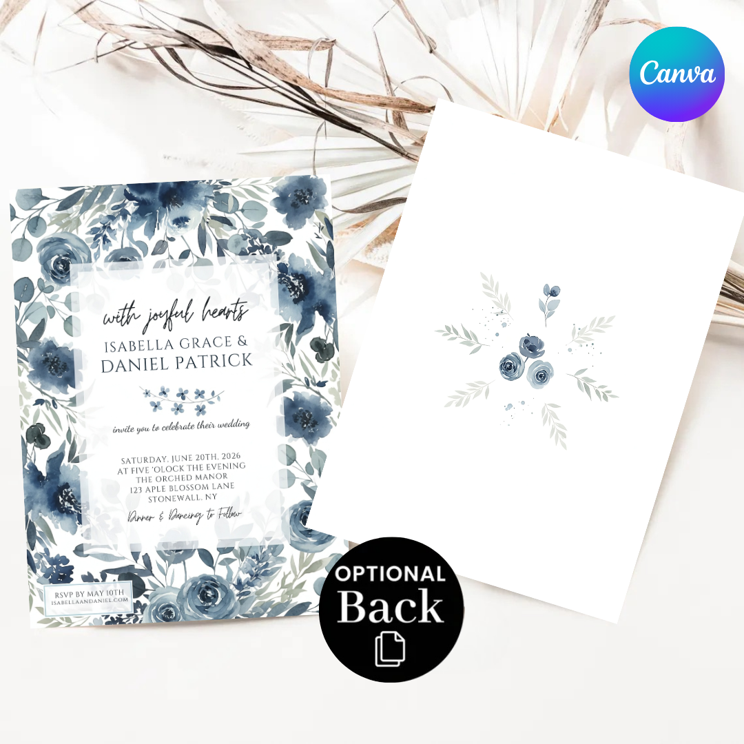Dusty Blue Wedding Invitation Template | Editable Floral Invite | Navy Watercolor Flowers | Printable Canva Invite | Instant Download | Isabella
