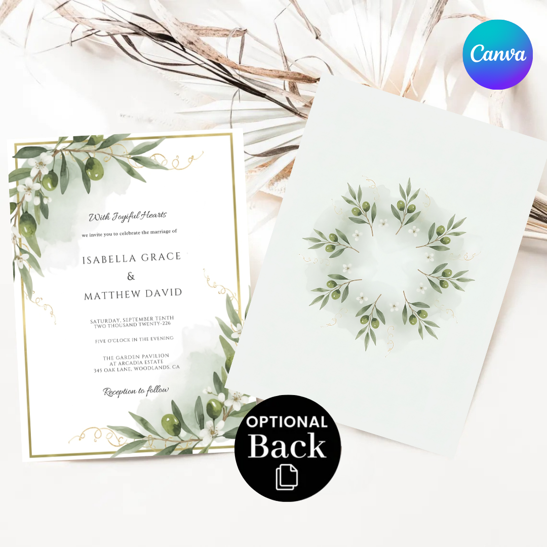 Olive Branch Wedding Invitation Template | Editable Greenery Invite | Gold Frame Rustic Wedding Stationery | Printable Instant Download