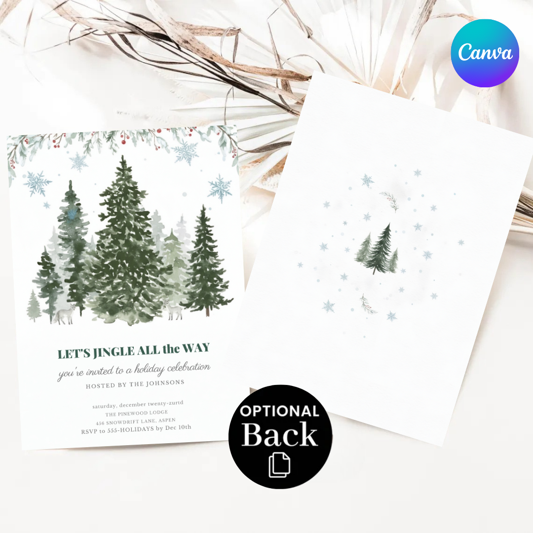 Holiday Party Invitation Editable | Winter Woodland Christmas Invite | Jingle All The Way Template | Rustic Pine Tree Evite | Instant Download