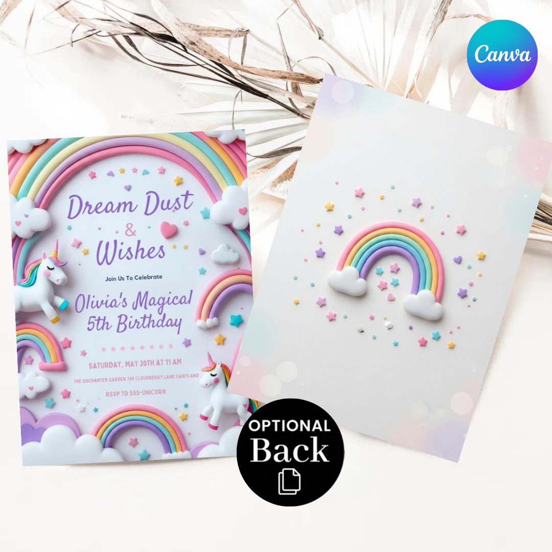 Editable Unicorn Birthday Invitation Girl | Magical Rainbow Party Invite Template | Pastel Clouds & Stars | Digital Evite | Instant Download