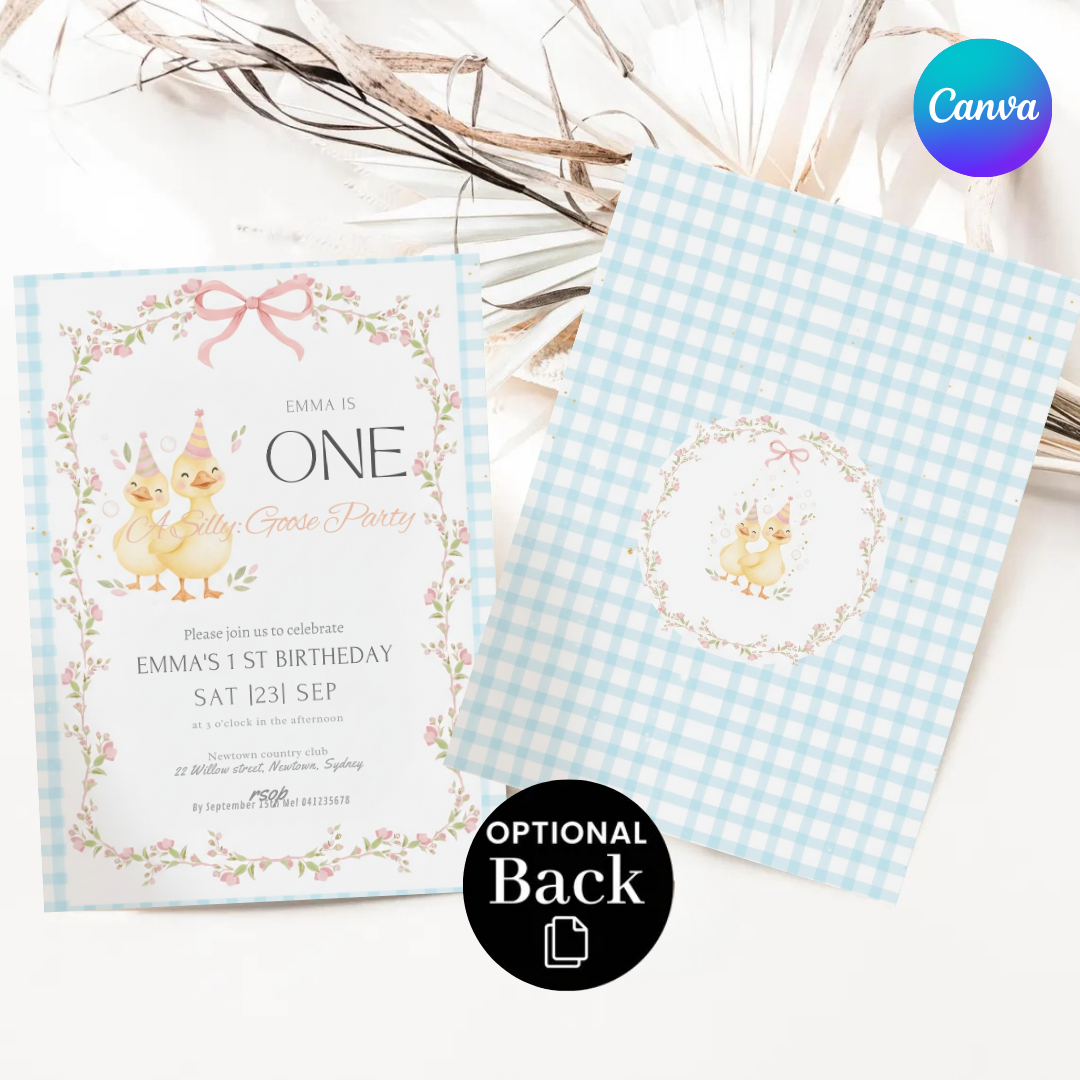 Silly Goose First Birthday Invitation Girl | Editable Duck Party Template | Whimsical 1st Birthday Invite | Pink Floral | Instant Download