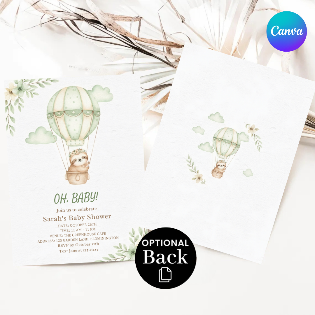 Sloth Baby Shower Invitation Template | Editable Hot Air Balloon Invite | Boy or Girl | Sage Green Watercolor | Printable | Instant Download