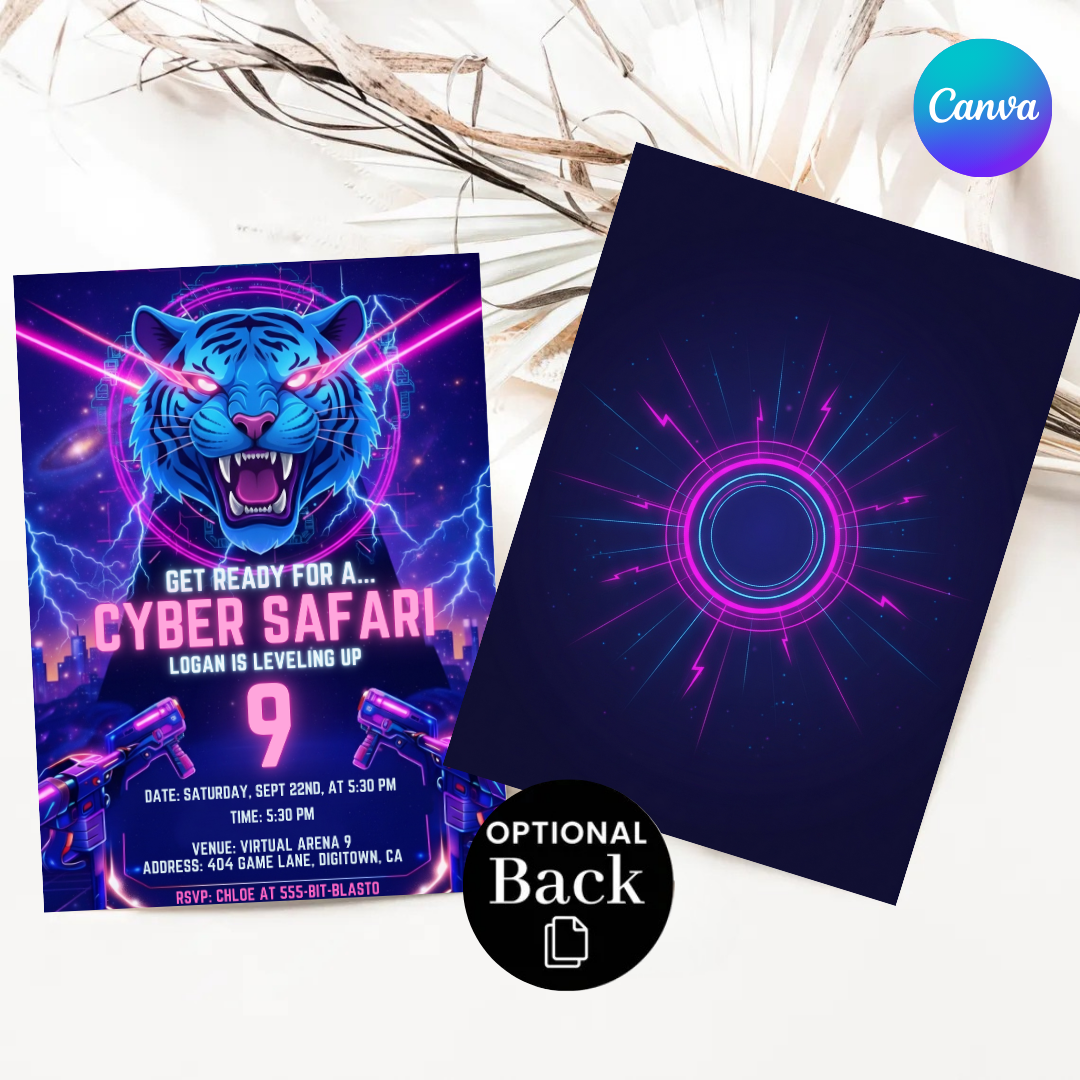 Boy's Birthday Invitation | Editable Cyber Safari Gamer Party Invite | Neon Tiger Video Game Template | Futuristic Level Up Invite | Printable