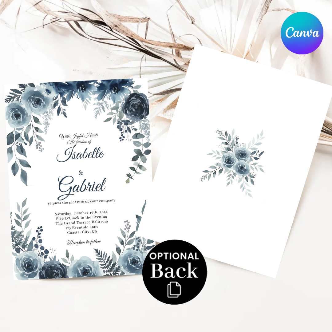 Dusty Blue Wedding Invitation Template | Editable Navy Floral Invite | Watercolor Flowers | Elegant Printable Wedding Suite | Instant Download
