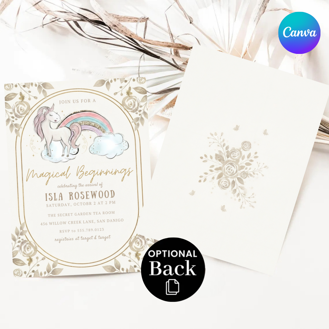 Unicorn Baby Shower Invitation Girl | Magical Beginnings Invite | Editable Rainbow Template | Boho Floral Printable | Instant Download Digital