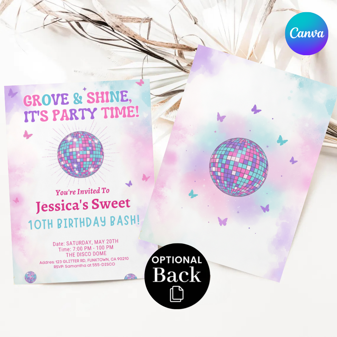 Groovy Disco Birthday Invitation Girl | Editable 10th Birthday Party Invite Template | 70s Theme Disco Ball & Butterfly Evite | Printable
