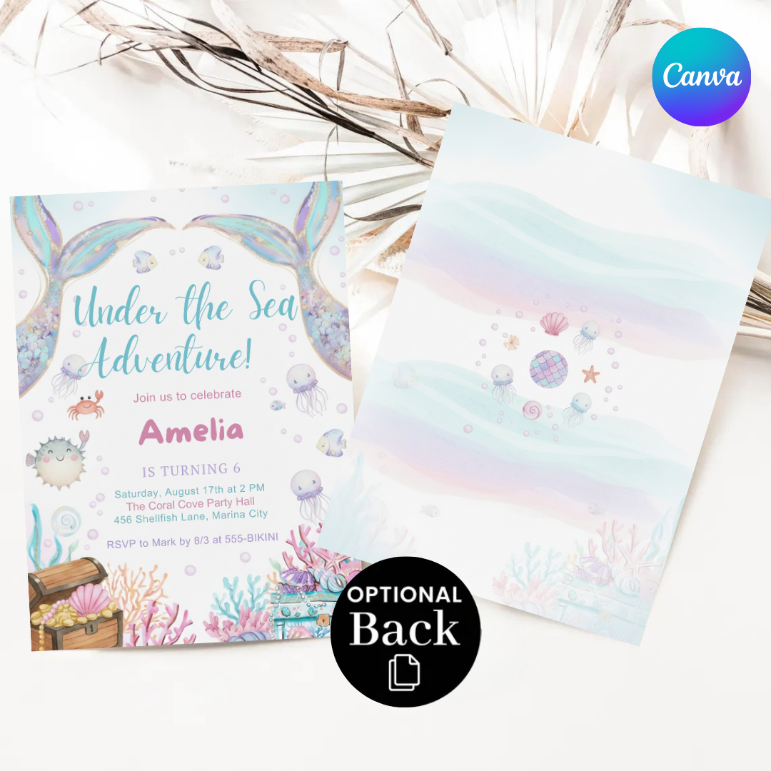 Mermaid Birthday Invitation Girl | Under the Sea Party Invite | Editable Ocean Adventure Template | Pastel Watercolor Evite | Instant Download