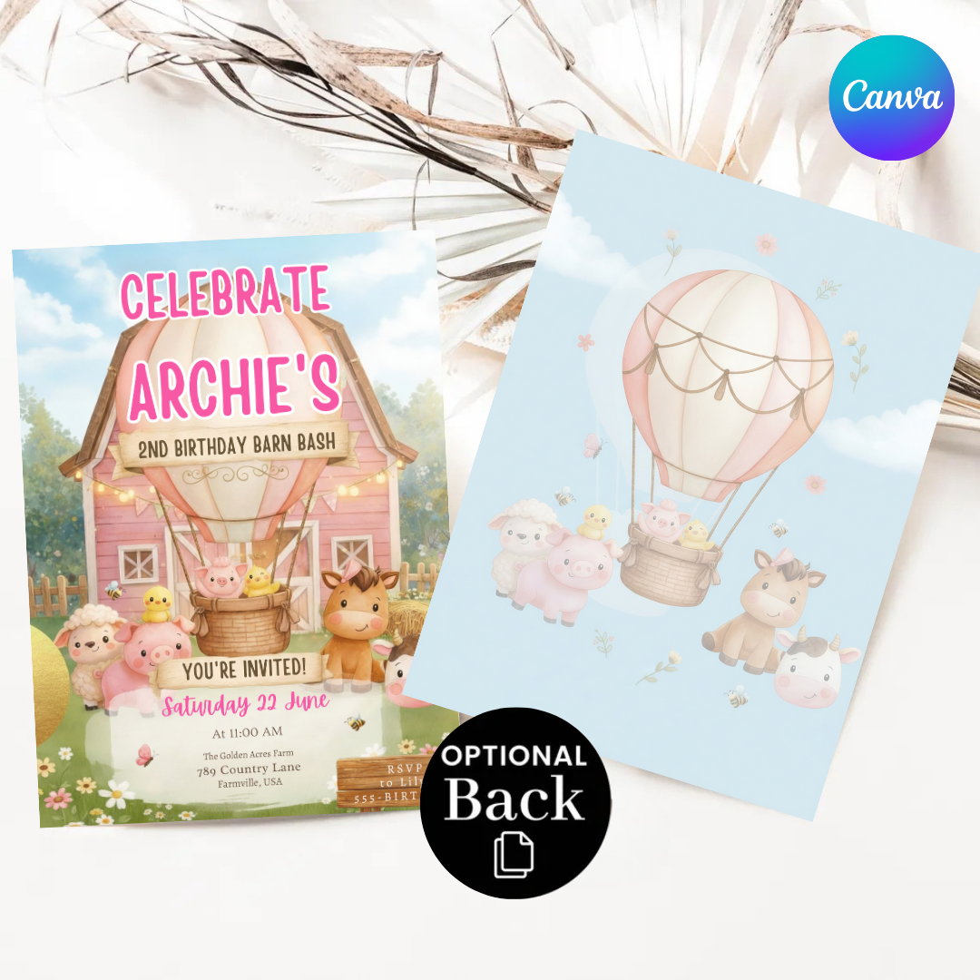 Farm Animal Birthday Invitation Girl | Editable Pink Barnyard Bash Template | Cute Farm Animals Party Invite | Second Birthday | Instant Download