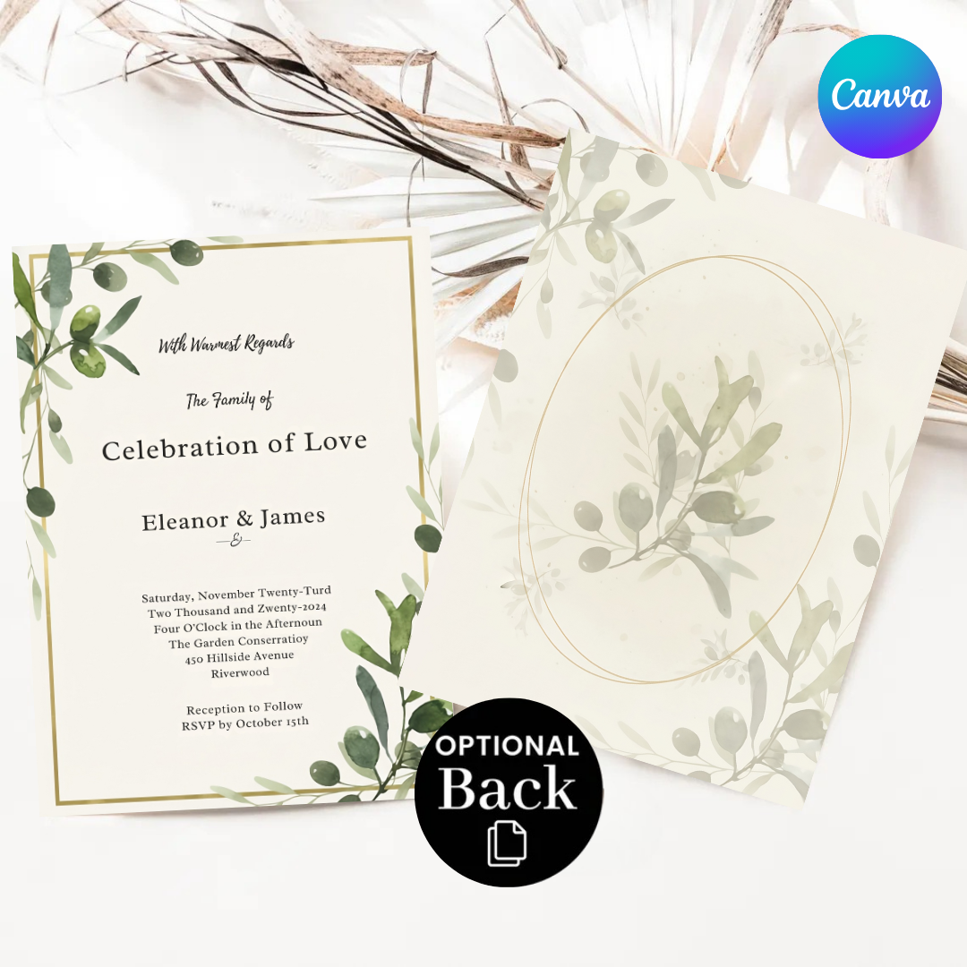 Olive Branch Wedding Invitation Template | Greenery Wedding Invite | Editable Canva Template | Minimalist Botanical | Instant Download Printable