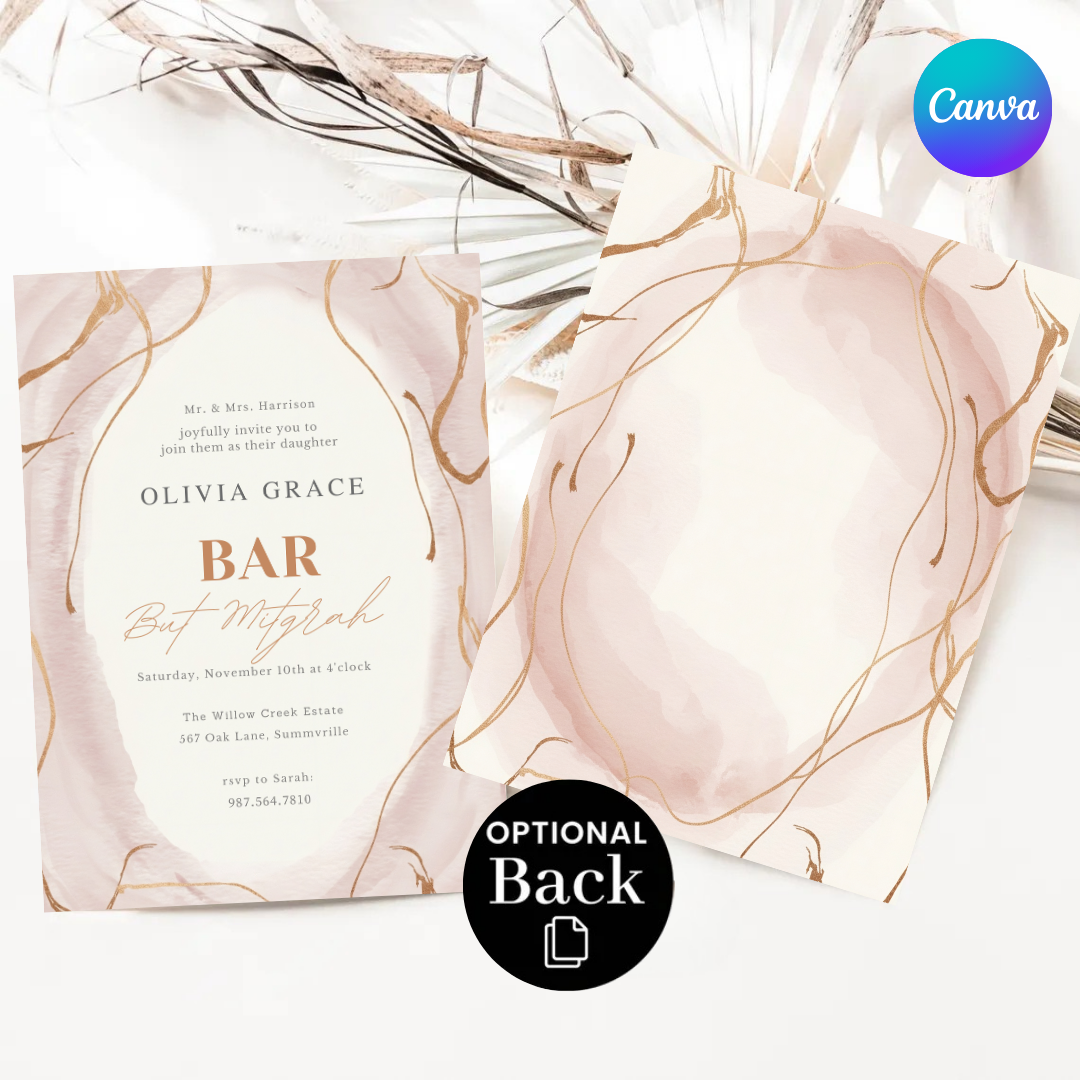 Bat Mitzvah Invitation Girl | Editable Template | Blush Pink and Rose Gold Invite | Modern Elegant Party | Printable Digital | Instant Download