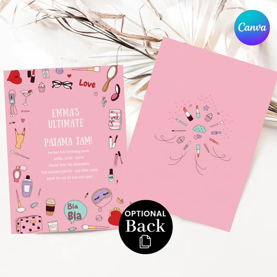 Girl's Pajama Jam Birthday Invite | Editable Sleepover Party Template | Pink Makeup Slumber Party | Instant Download | Printable Digital Evite
