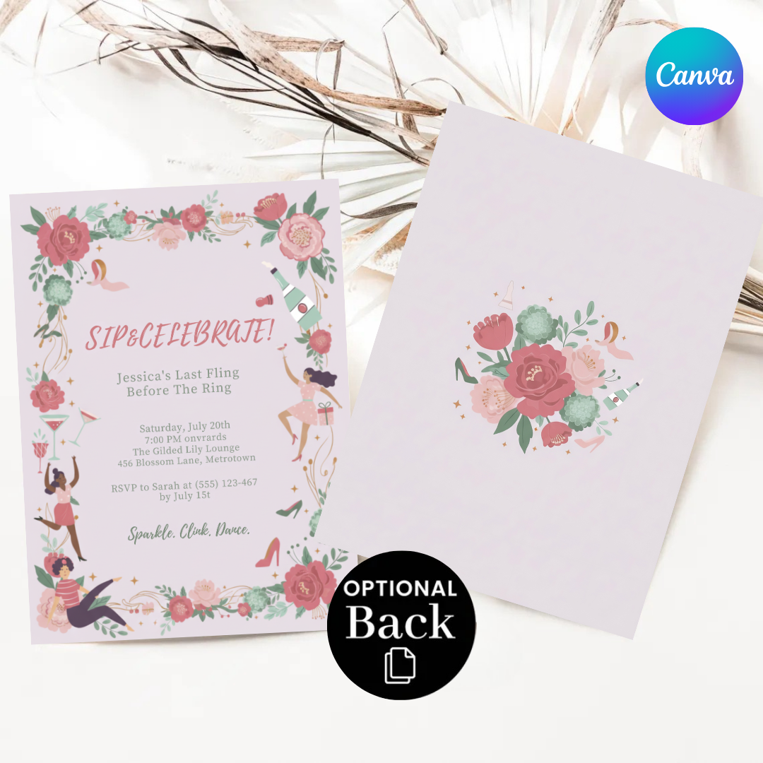 Editable Bachelorette Party Invitation | Sip and Celebrate Template | Last Fling Before the Ring | Floral Bridal Shower Invite for Her | Canva