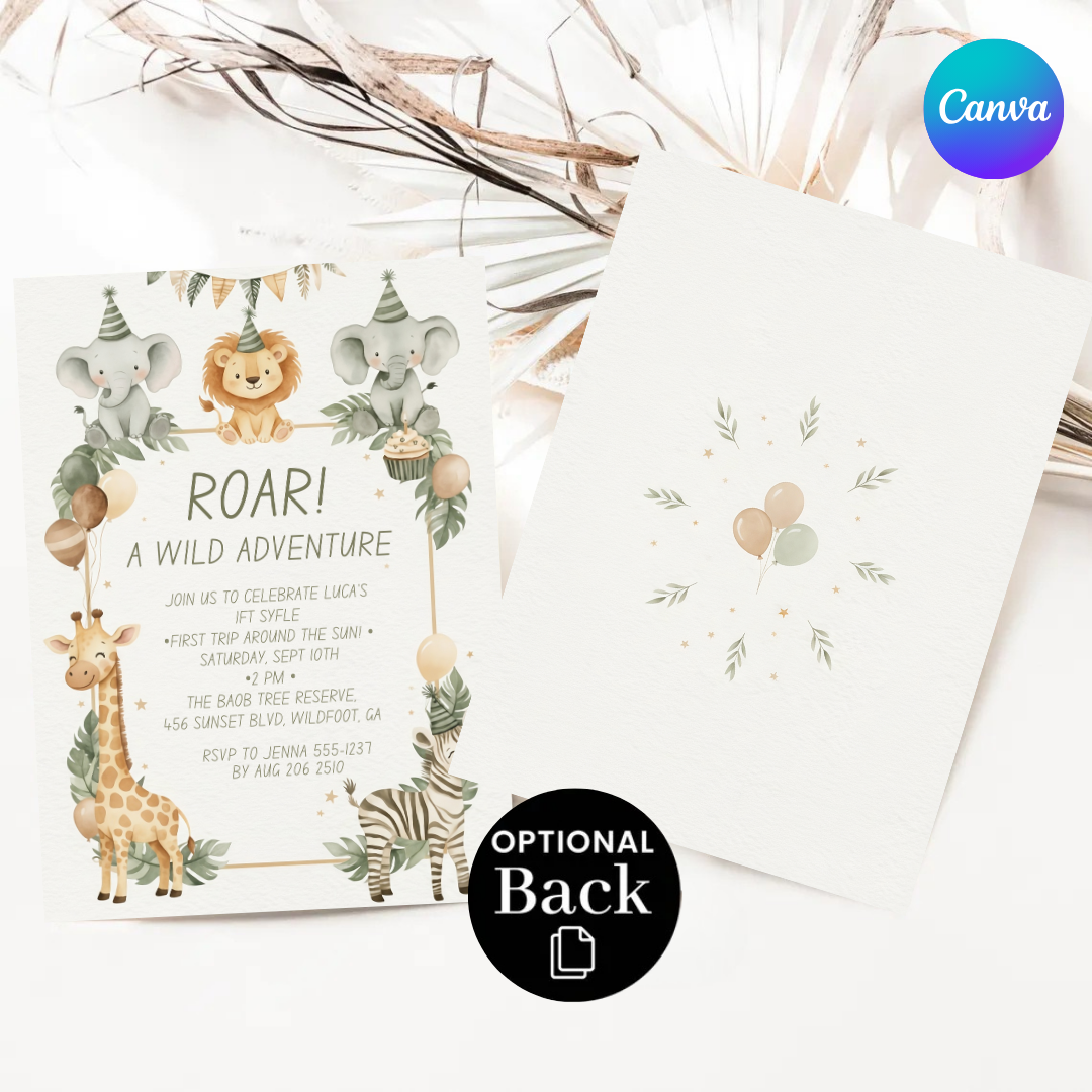 Editable Safari Birthday Invitation | Wild One First Birthday Invite for Boy or Girl | Jungle Animals Template | First Trip Around the Sun