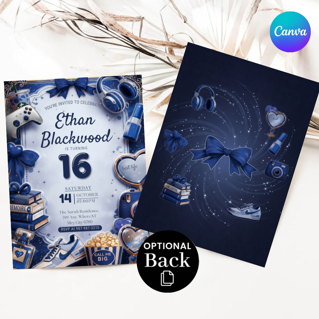 Boy's 16th Birthday Invitation | Editable Blue Aesthetic Teen Invite | Favorite Things Party Template | Digital Evite | Instant Download