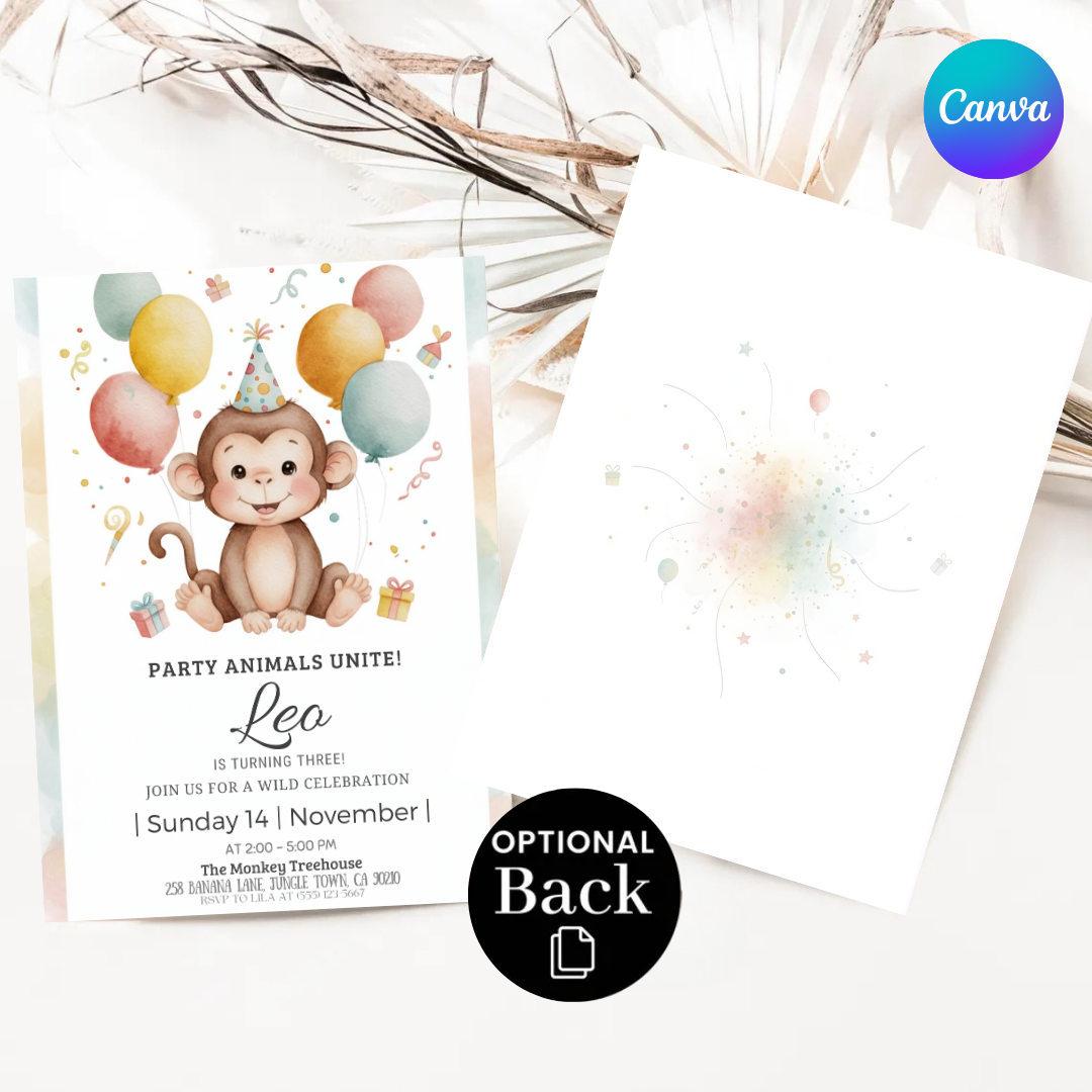 Monkey Birthday Invitation Boy or Girl | Editable Jungle Party Invite | Wild Third Birthday Template | Printable Safari Animal Evite | Instant Download