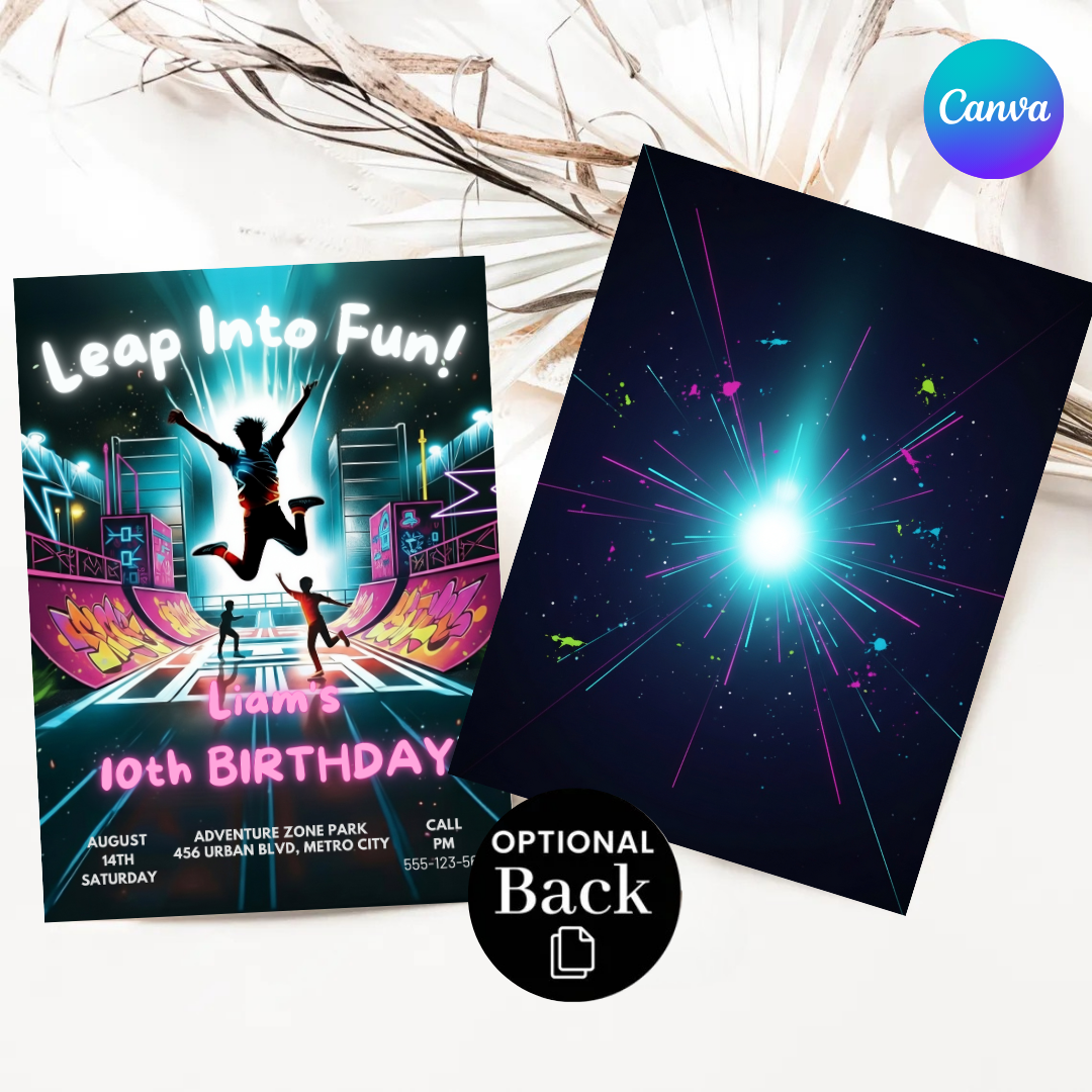 Boy's Birthday Invitation | Trampoline Park Party Invite | Editable Neon Glow Template | Leap Into Fun | Printable Digital | Instant Download