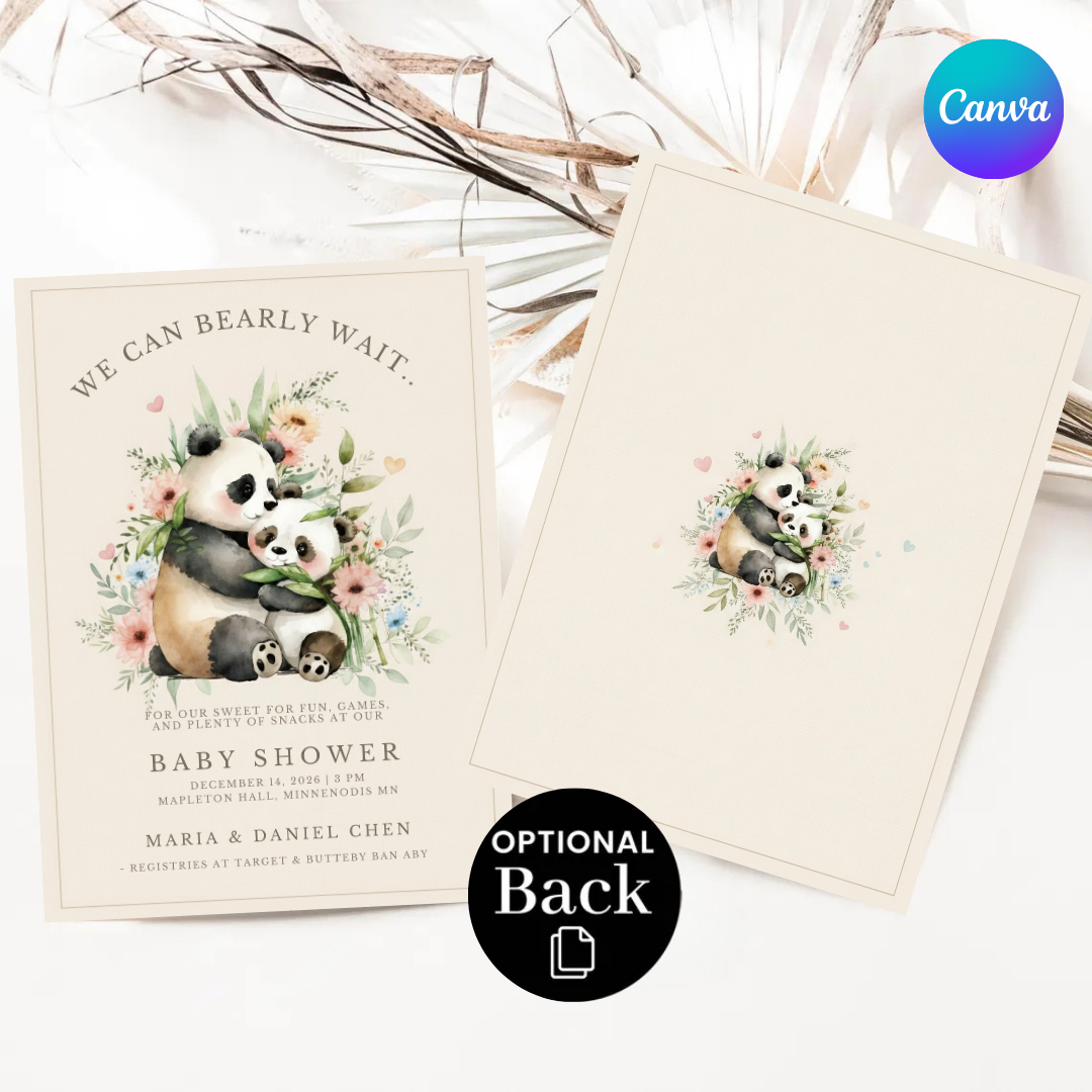 Panda Bear Invitation Template | We Can Bearly Wait Party Invite | Watercolor Animal Floral Theme | Editable Printable | Instant Download