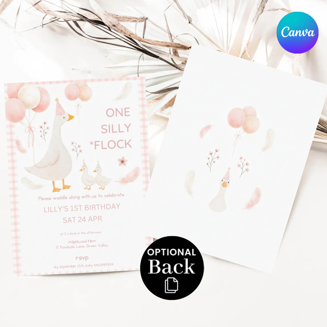 Girl's 1st Birthday Invitation | One Silly Flock Goose Party Invite | Editable Pink Farm Animal Template | Printable Digital Download