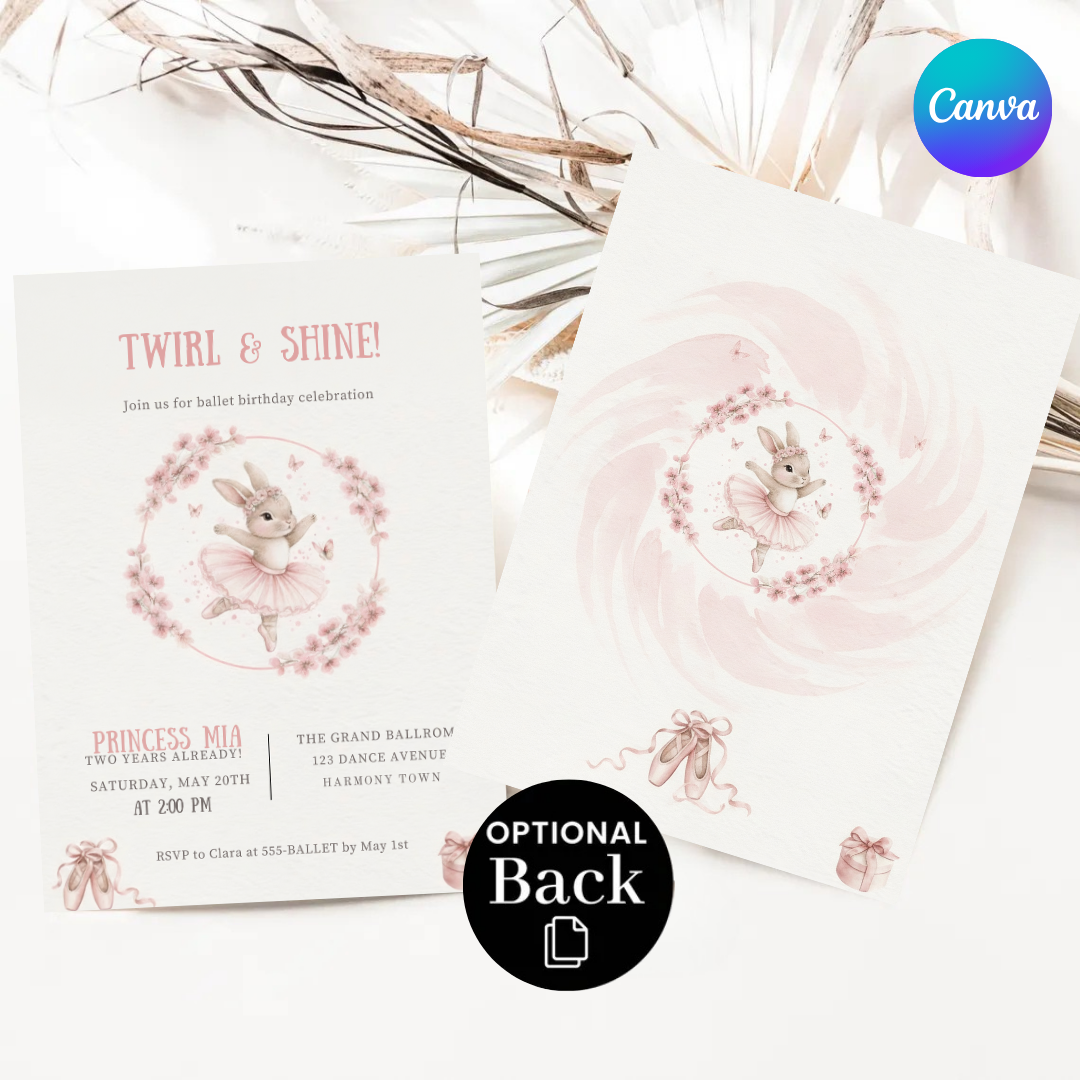 Bunny Ballerina Birthday Invitation | Girl's Third Birthday Invite Template | Editable Twirl & Shine Party | Printable Digital Instant Download