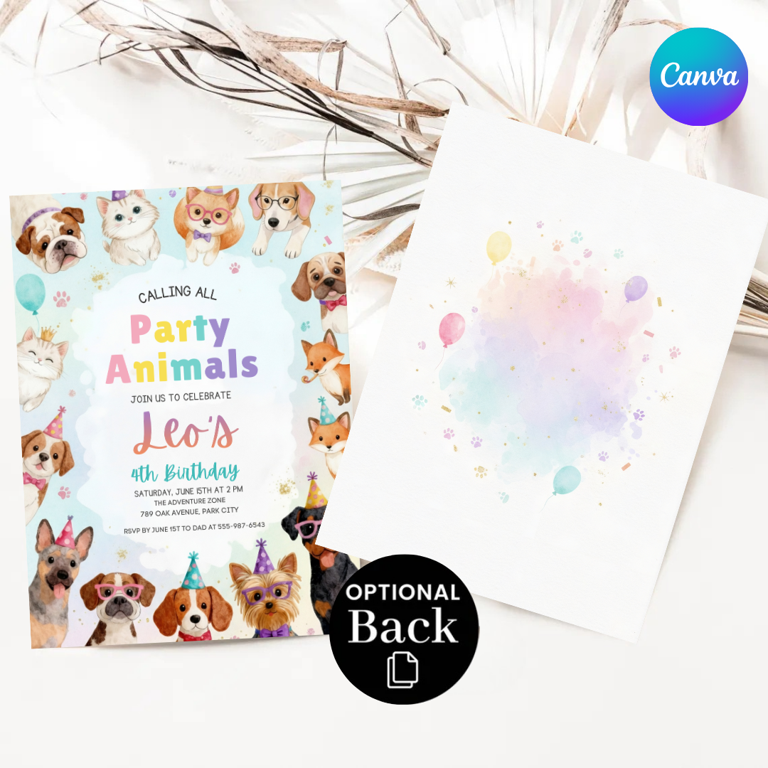 Party Animals Birthday Invitation | Editable Pet Party Invite for Boy or Girl | Puppy Kitten Theme | Printable Digital Template | Instant Download