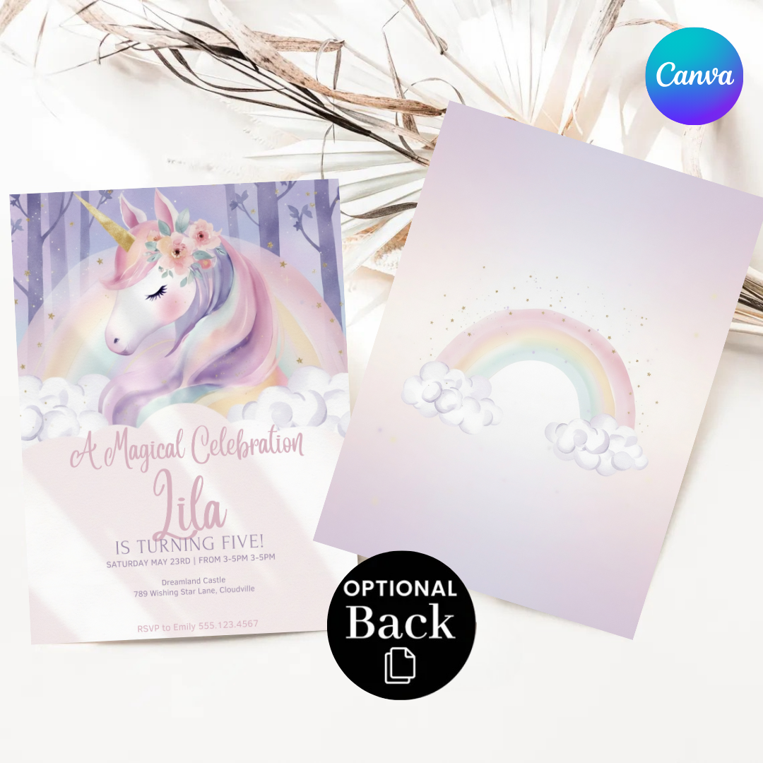 Magical Unicorn Birthday Invitation Girl | Editable 5th Birthday Party Invite | Pastel Rainbow Floral Template | Printable | Instant Download