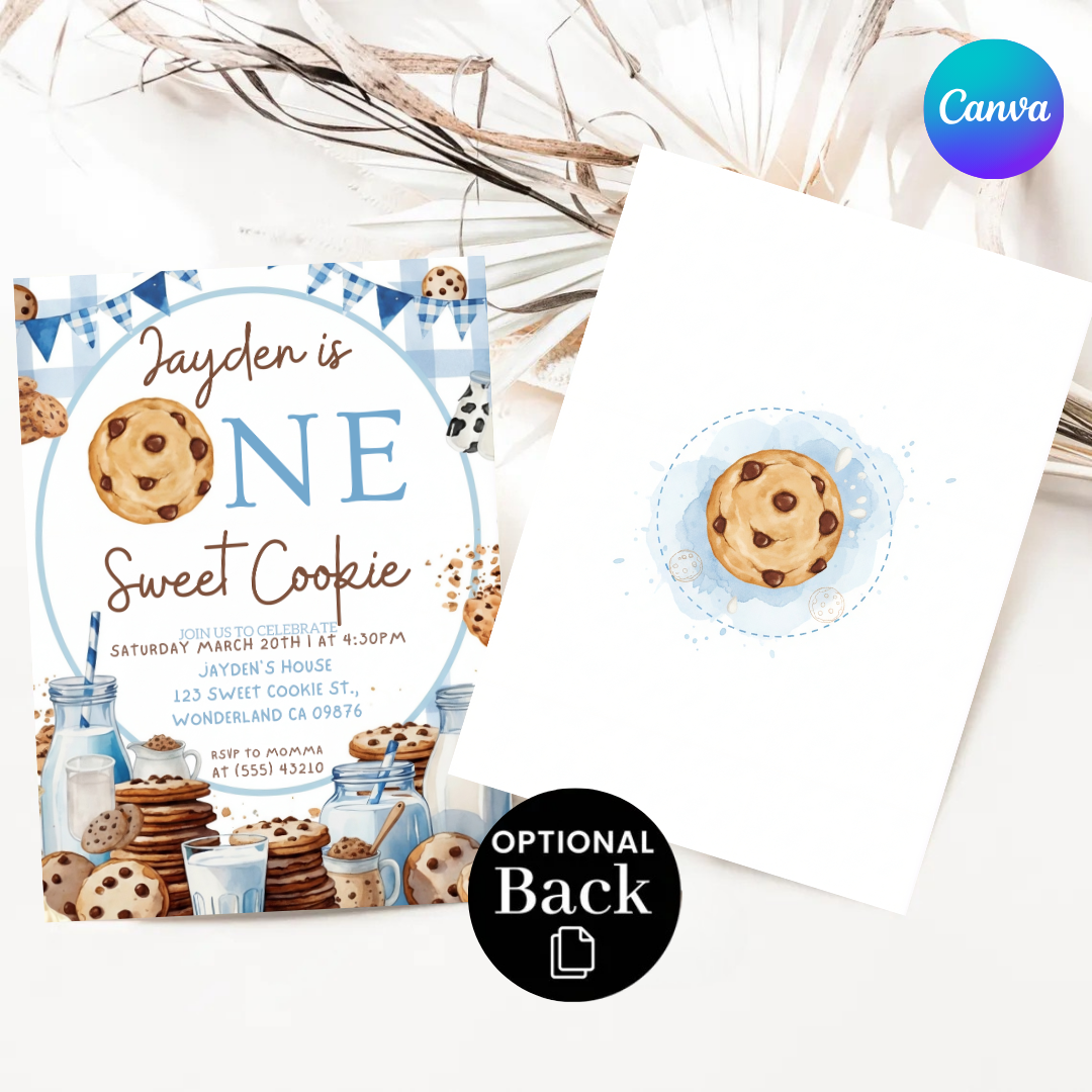 Boy's First Birthday Invitation | One Sweet Cookie Invite | Editable Milk & Cookies Template | Printable Digital Party Evite | Instant Download