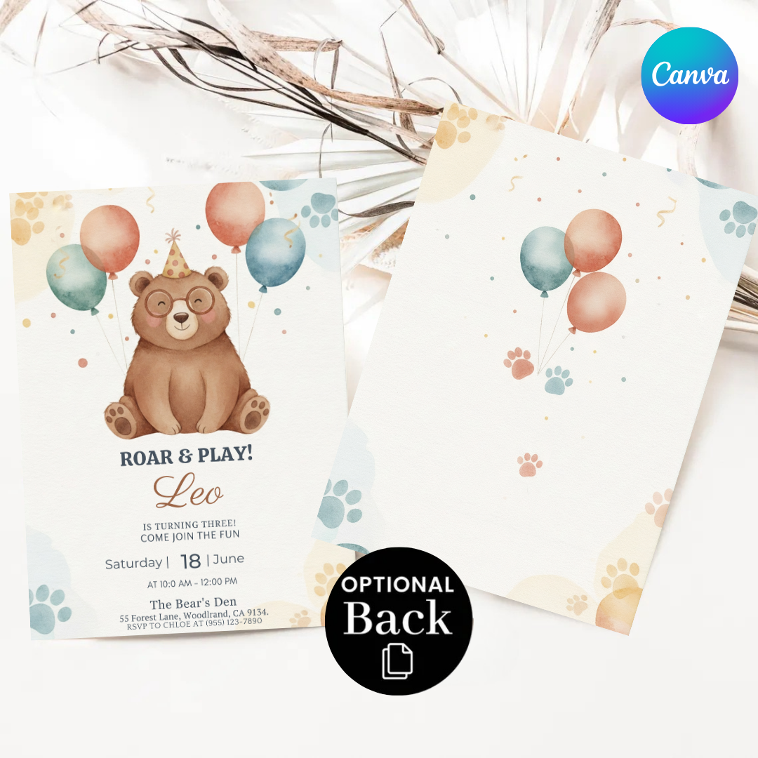 Bear 3rd Birthday Invitation Boy or Girl | Editable Woodland Animal Party Invite | Roar & Play Template | Printable Digital Instant Download
