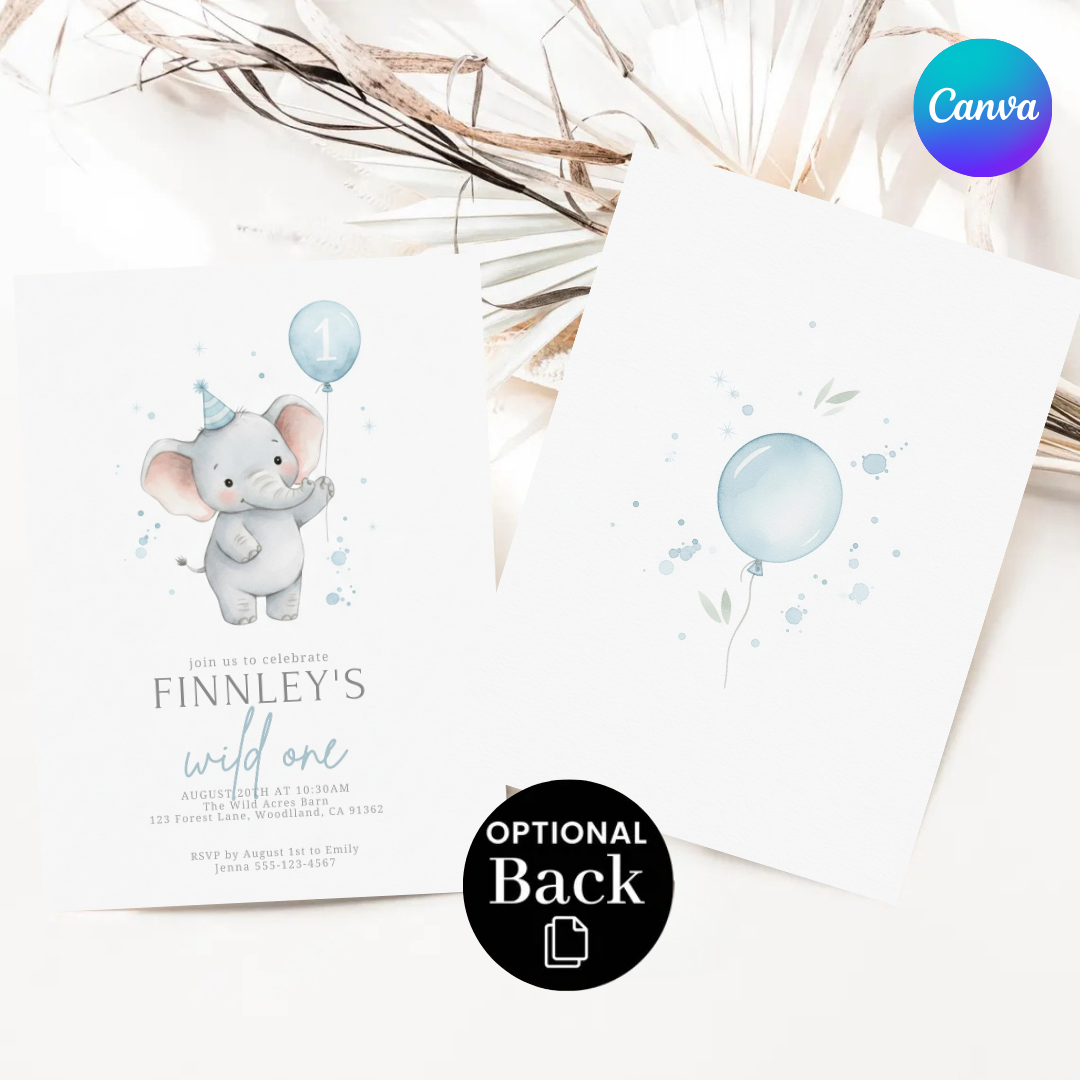 Boy's First Birthday Invitation | Editable Elephant Wild One Invite Template | Blue Watercolor Animal Party | Digital Evite | Instant Download