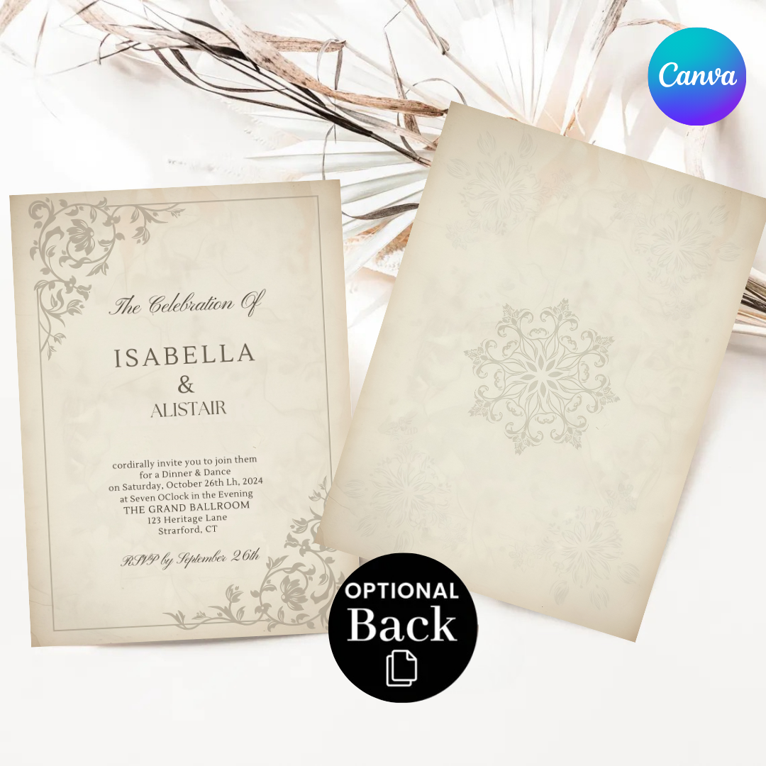 Elegant Wedding Invitation Template | Classic Vintage Invite | Editable Canva Printable | Formal Floral Wedding Suite | Instant Download Digital