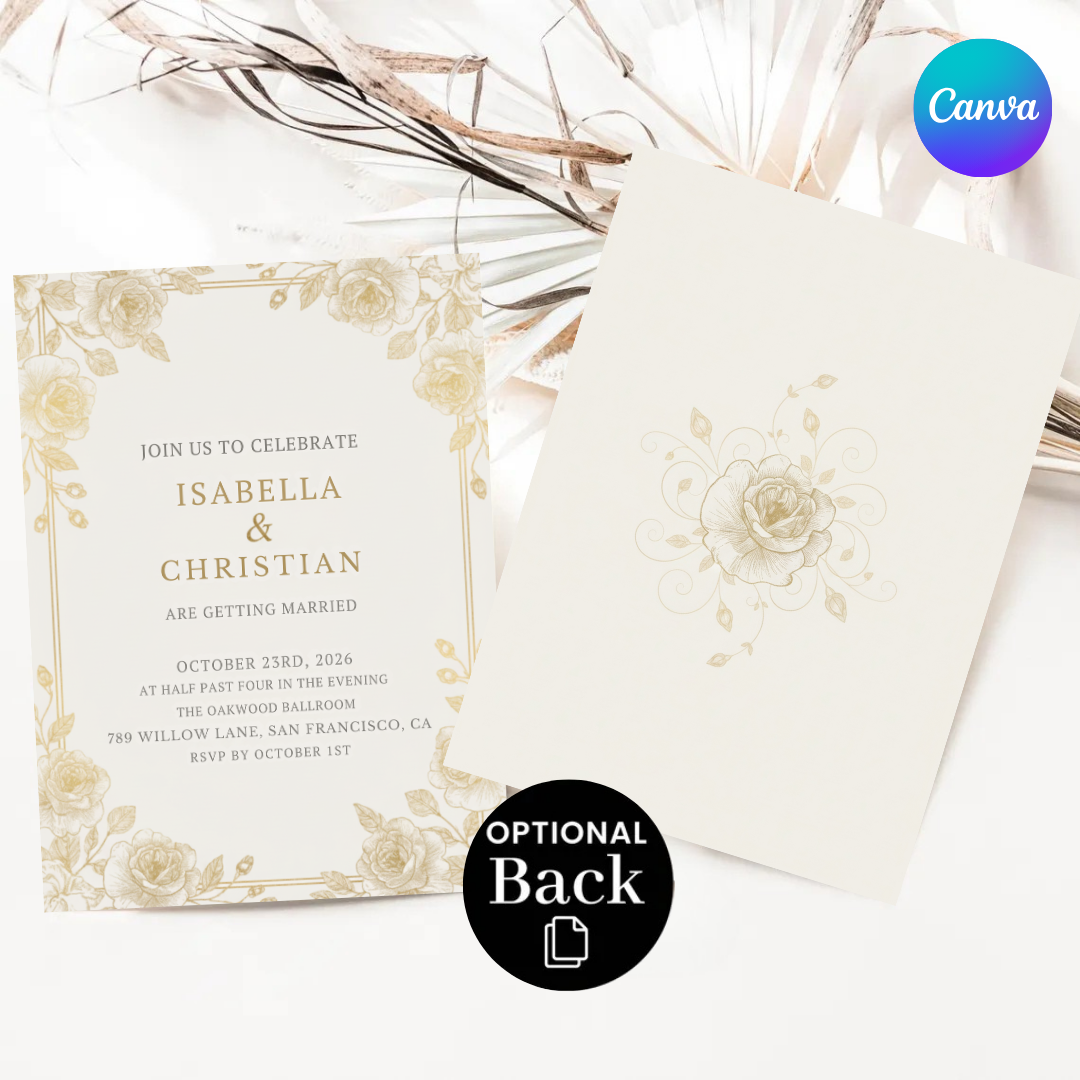 Elegant Wedding Invitation Template | Gold Floral Invite | Classic Rose Wedding Suite | Editable Canva Printable | Instant Digital Download