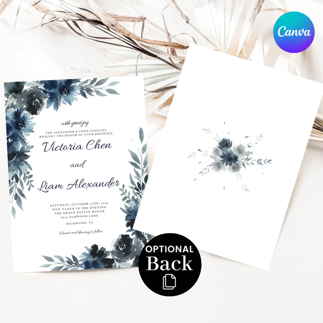 Navy Blue Floral Wedding Invitation Template | Editable Watercolor Invite | Elegant Modern Wedding Stationery | Printable Digital Download | Victoria