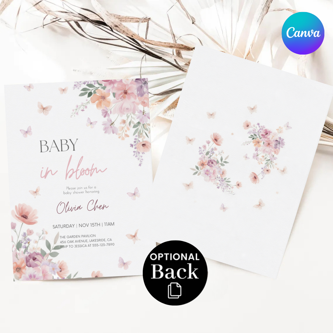Baby in Bloom Baby Shower Invitation Girl | Editable Floral Butterfly Invite | Watercolor Garden Party Template | Printable Digital Invite