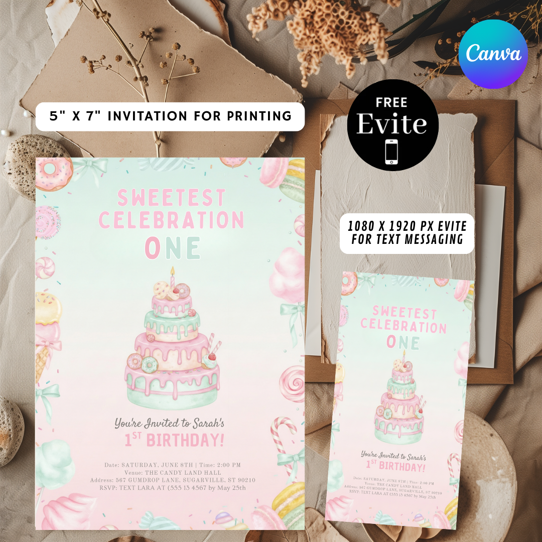 Girl's First Birthday Invitation | Sweetest One Birthday Invite | Editable Candy Land Party Template | Printable Donut Theme | Instant Download